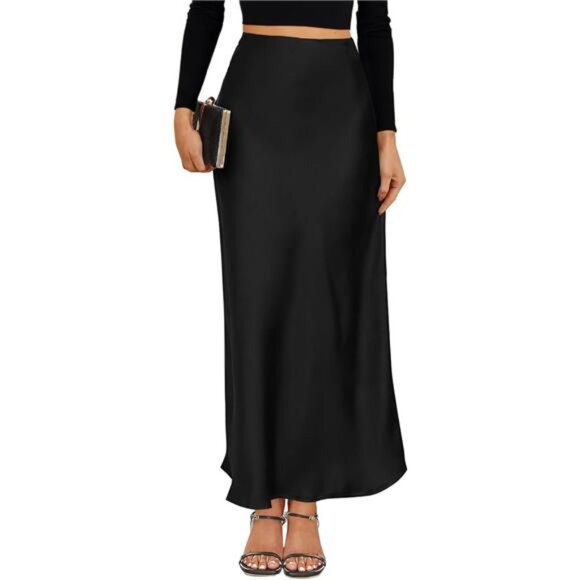 Satin High Waisted Maxi Skirt A-Line Black - Picture 1 of 5